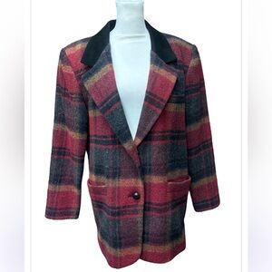 JL Colebrook Wool Blend Jacket Suede Collar Red Plaid Outdoor 90s Med